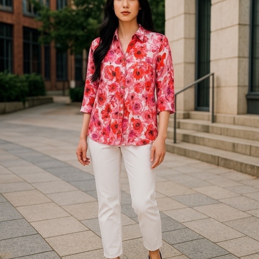 Pink and Red 3/4 Sleeve Button Down Shirt
